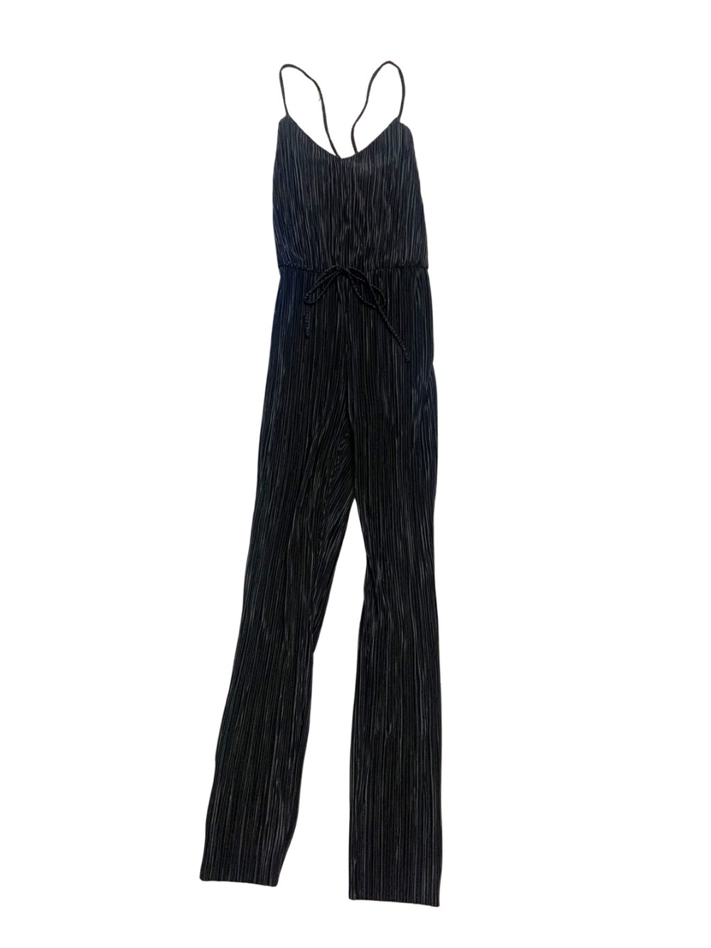 Black Pleated Satin Sleeveless Jumpsuit Sophisticated Polished Feminine Minimal